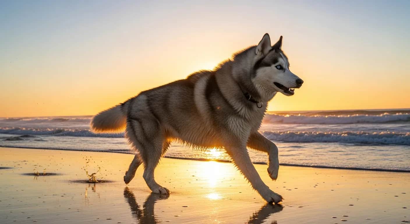 Siberian Husky running on an Australian beach at sunrise, illustrating probiotics for huskies