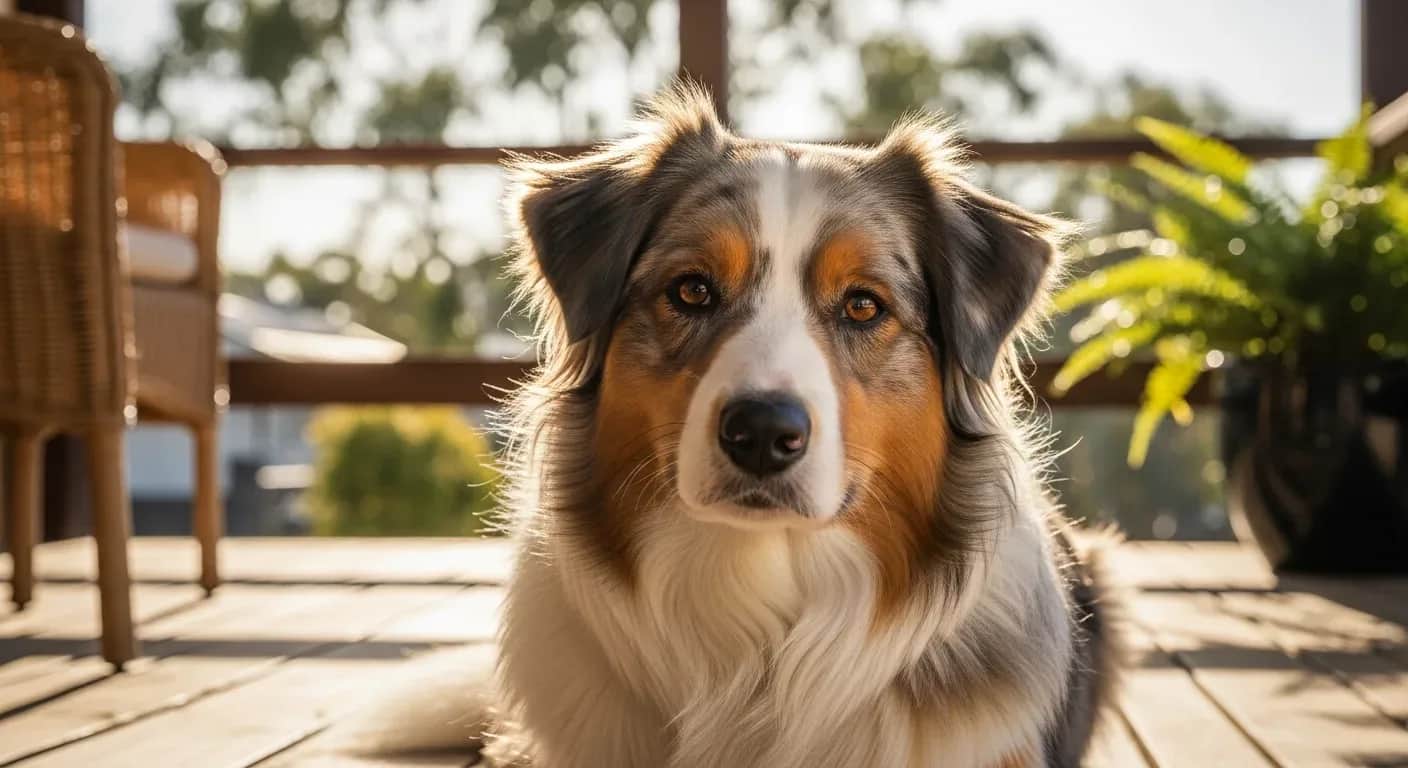 Australian Shepherd resting calmly on a verandah, illustrating daily calming support for anxious Aussies