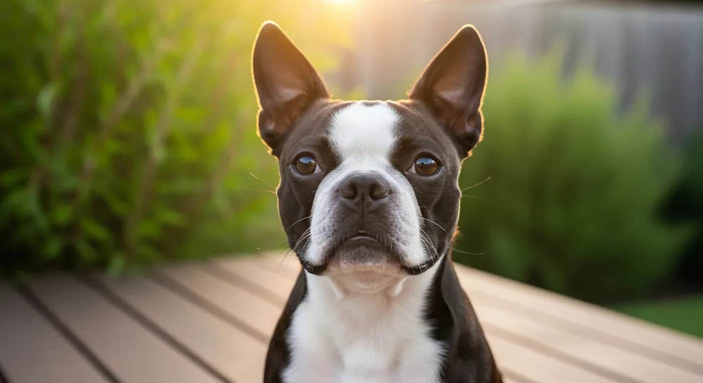 Boston Terrier sitting on Australian backyard deck in golden hour light