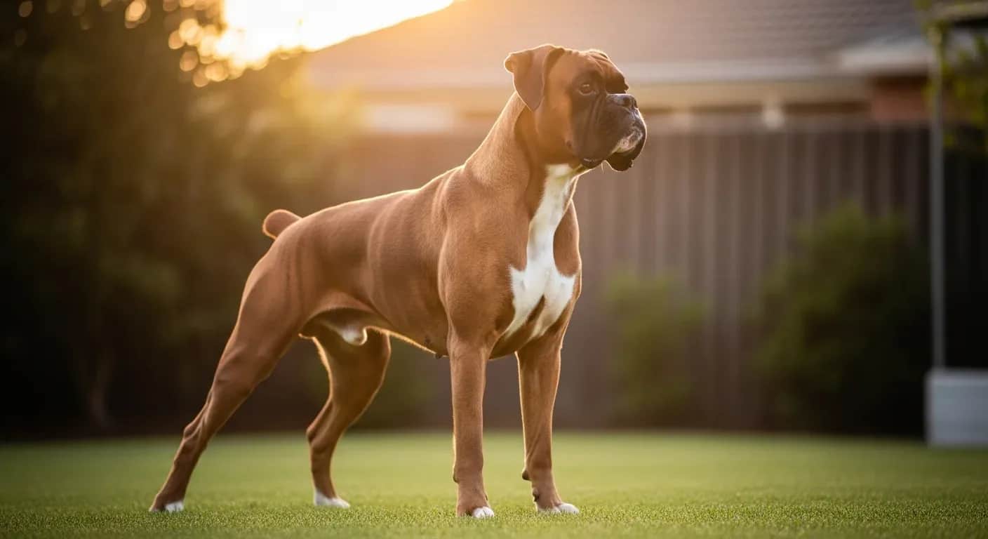 Healthy Boxer dog standing alert in Australian backyard showcasing muscular build