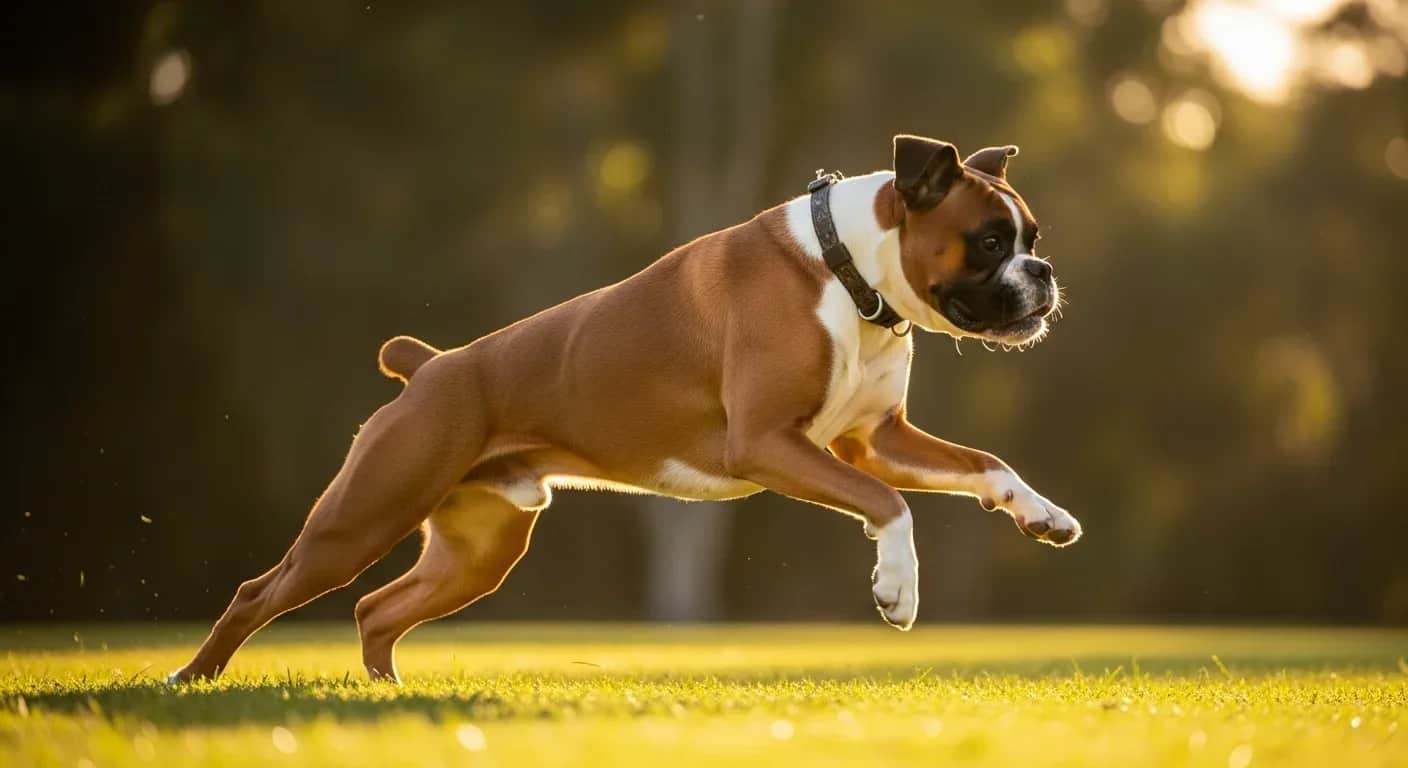 Boxer dog running at full speed in an Australian park, showcasing the breed energy and athleticism