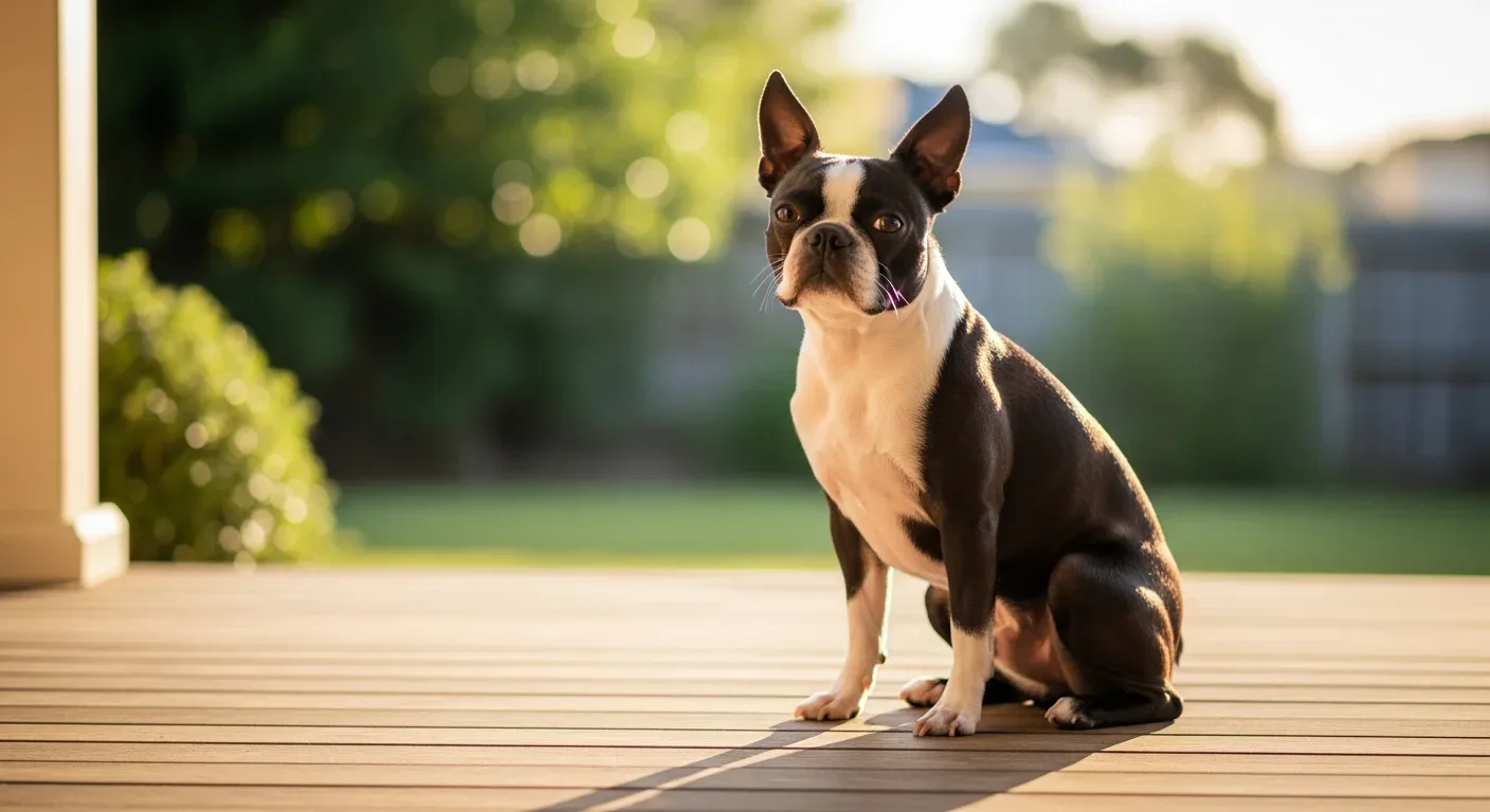 Boston Terrier sitting calmly on an Australian verandah in golden hour light, illustrating calming supplement benefits