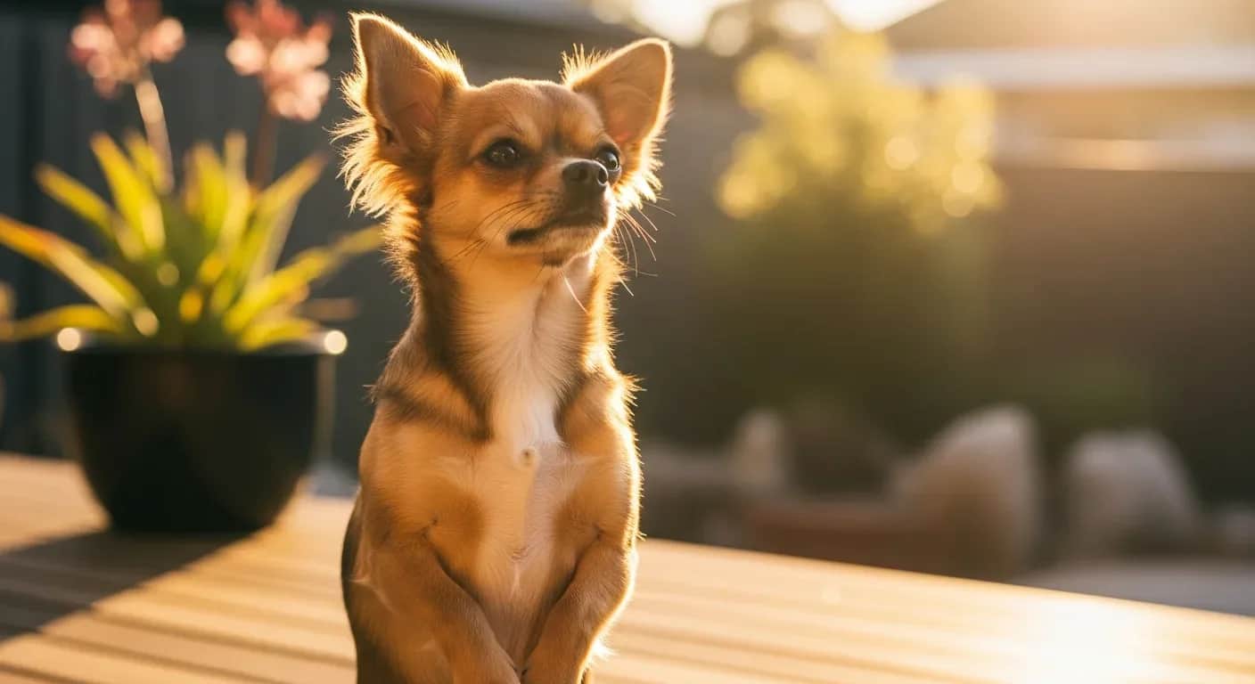 Chihuahua sitting on a sunny Australian verandah, alert and bright-eyed, golden hour light