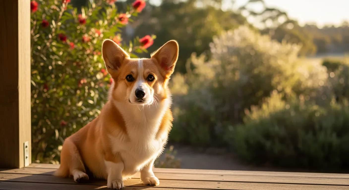 Pembroke Welsh Corgi sitting on a sunny Australian verandah, calm and alert, calming supplement article for Corgis