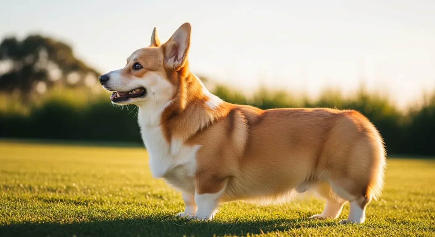 Pembroke Welsh Corgi standing alert in a sunny Australian backyard, showing the breed distinctive short legs and fox-like face