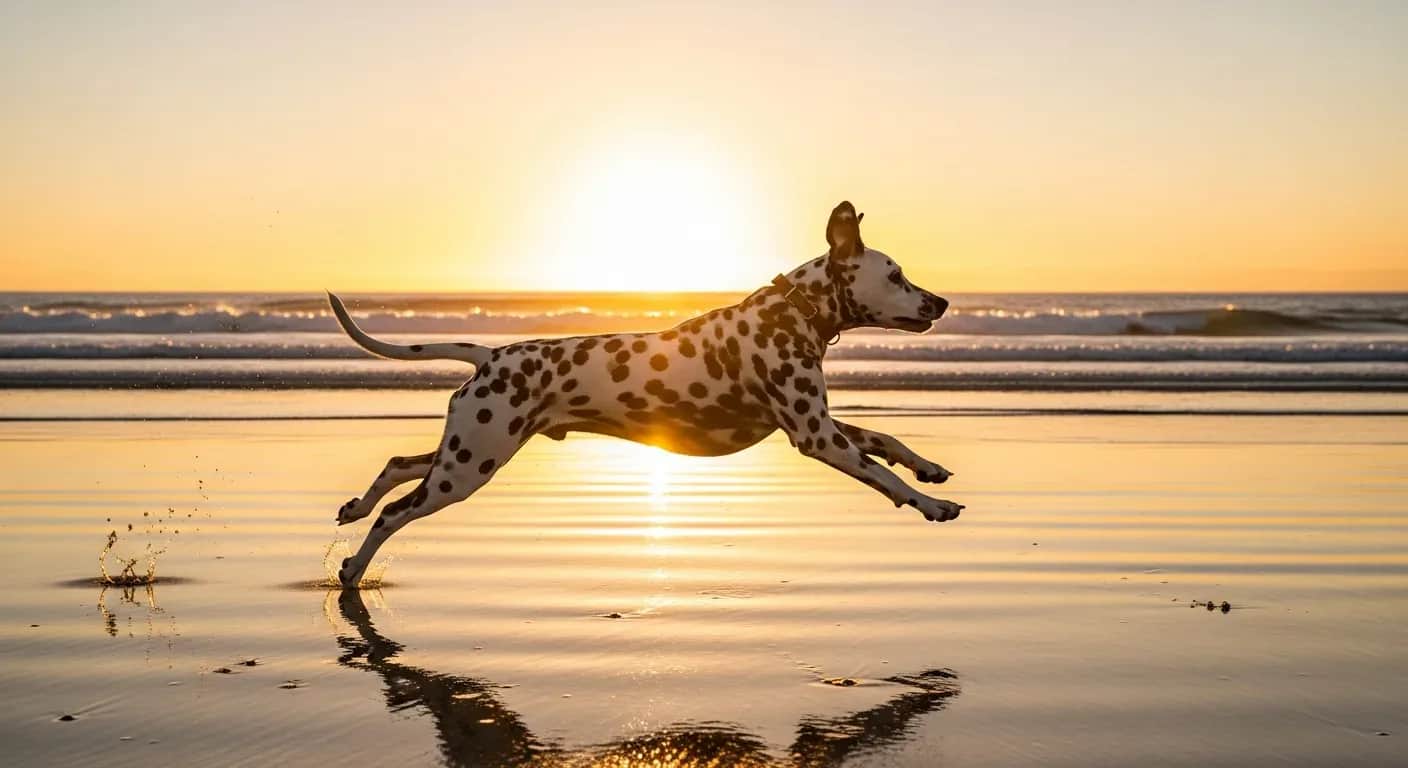 Dalmatian running at full speed along an Australian beach at golden hour, calming supplements for Dalmatians