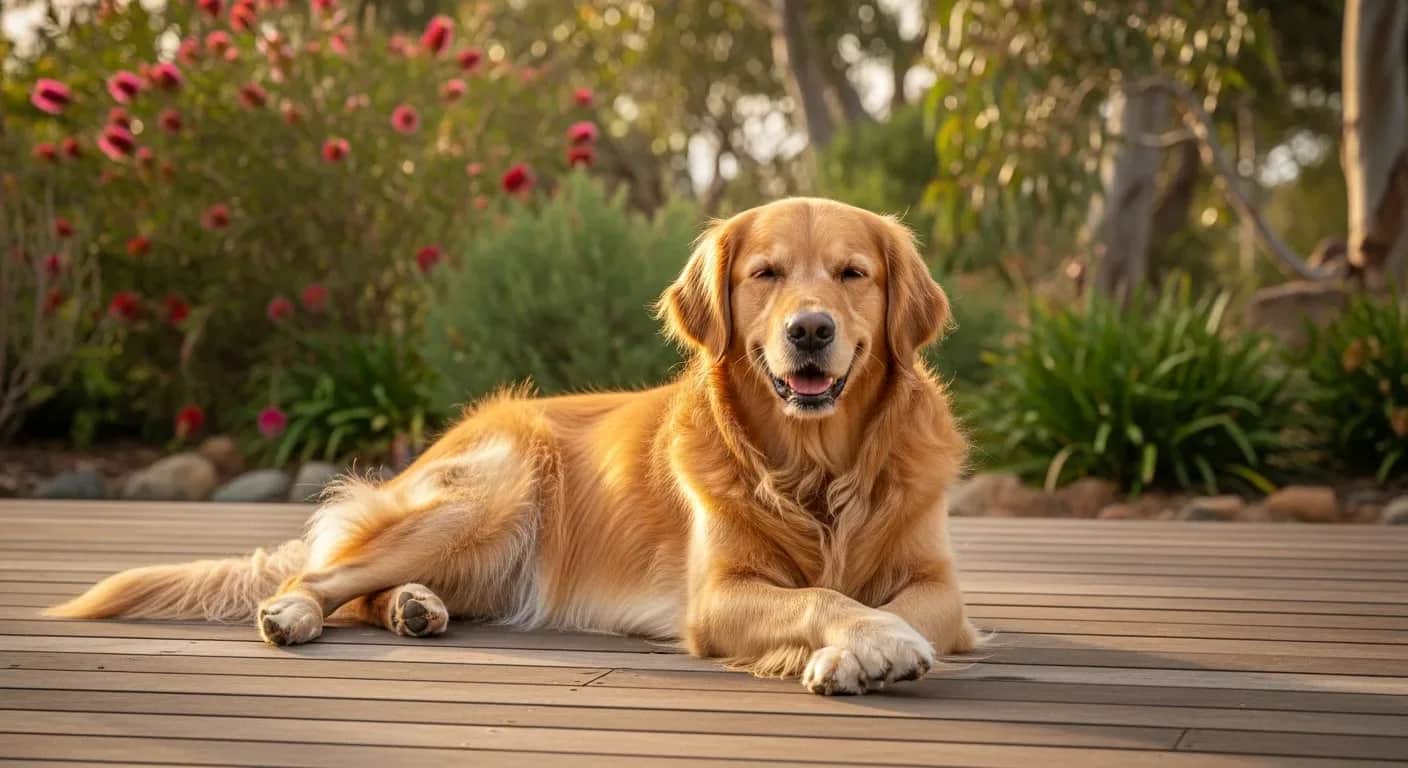 Golden Retriever resting calmly on an Australian backyard deck illustrating calming supplement support for dogs