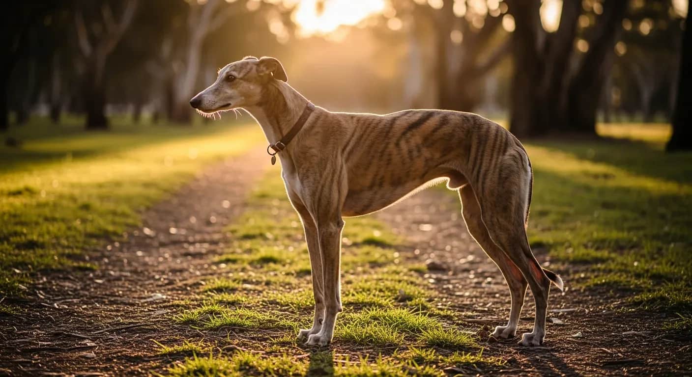 Greyhound standing gracefully on a grassy Australian park path, calm and noble, showing lean athletic build