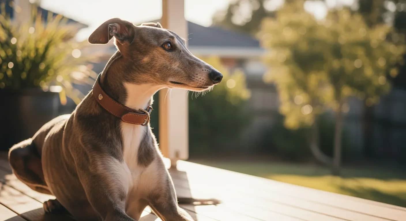 Elegant greyhound resting on sunny Australian verandah