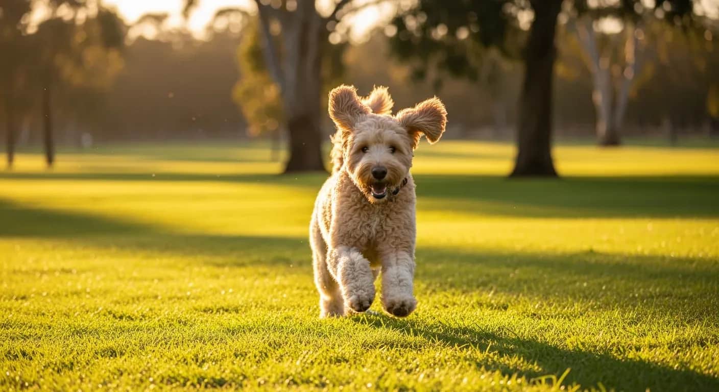 Groodle running joyfully in an Australian park showing the active lifestyle of a healthy groodle