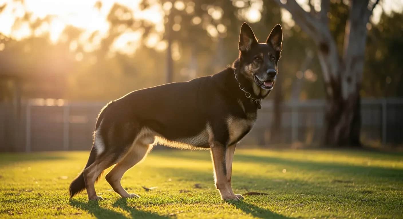German Shepherd standing alert in an Australian backyard, illustrating joint health support for this active breed