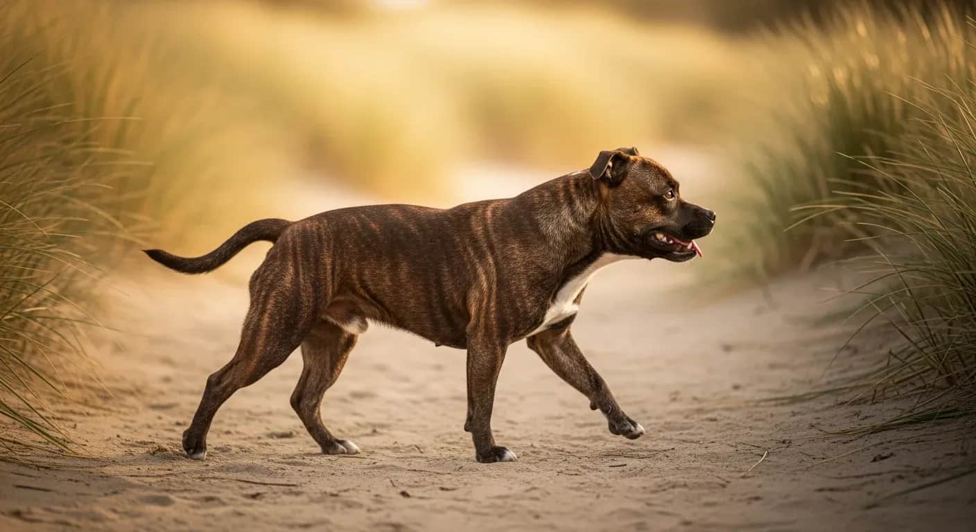 Brindle Staffordshire Bull Terrier walking on an Australian beach path, illustrating daily mobility supported by joint supplements