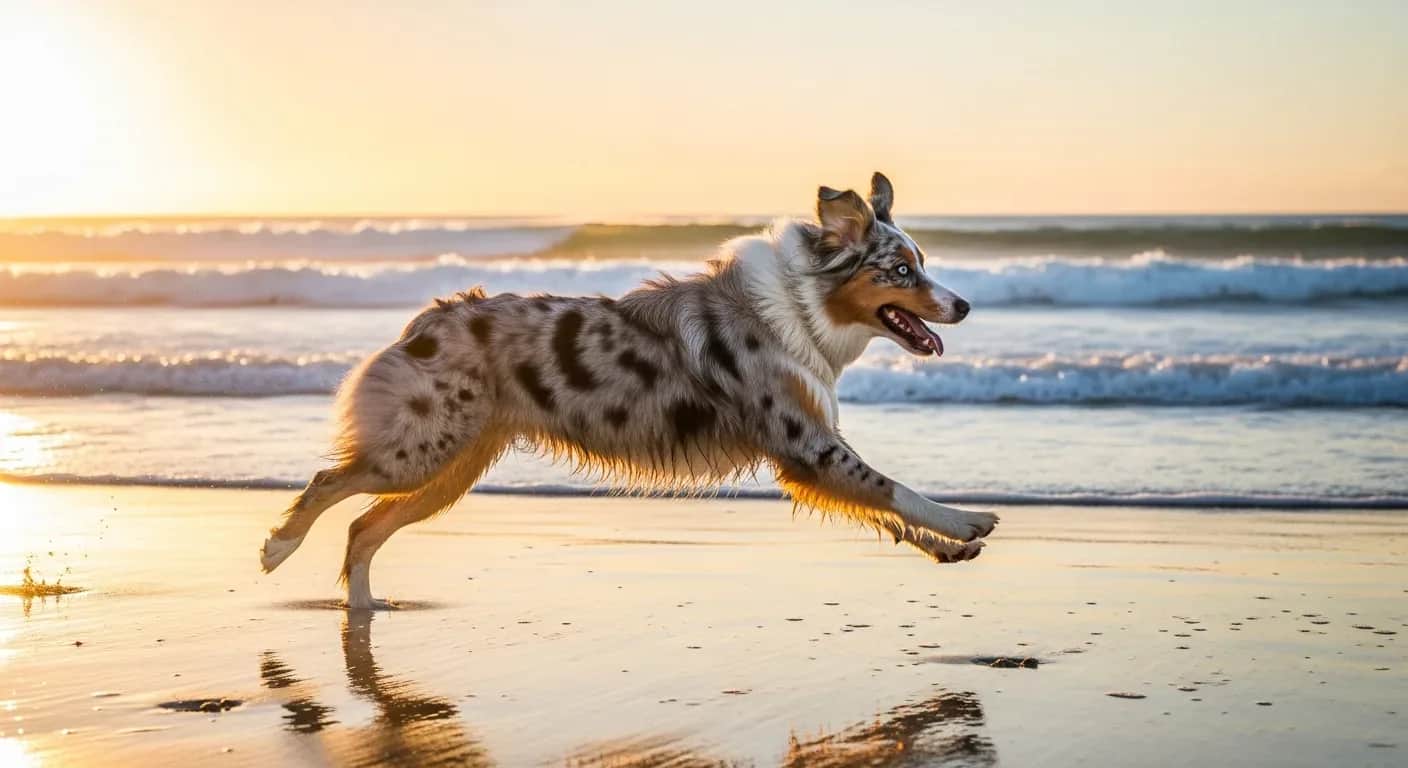 Australian Shepherd running on an Australian beach at golden hour, showcasing the breed health and energy