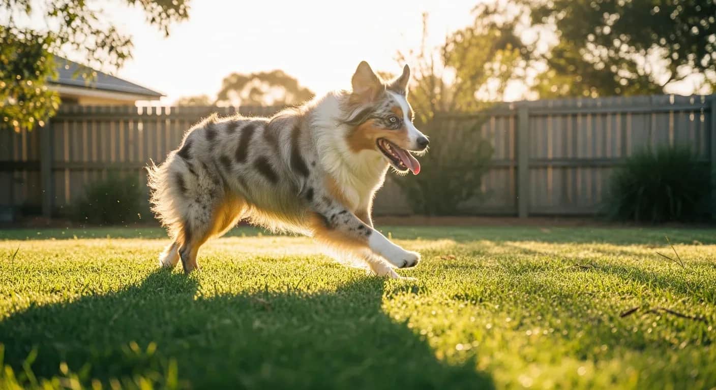 Australian Shepherd running through a sunny backyard, showing the breed energy that makes daily probiotic support important