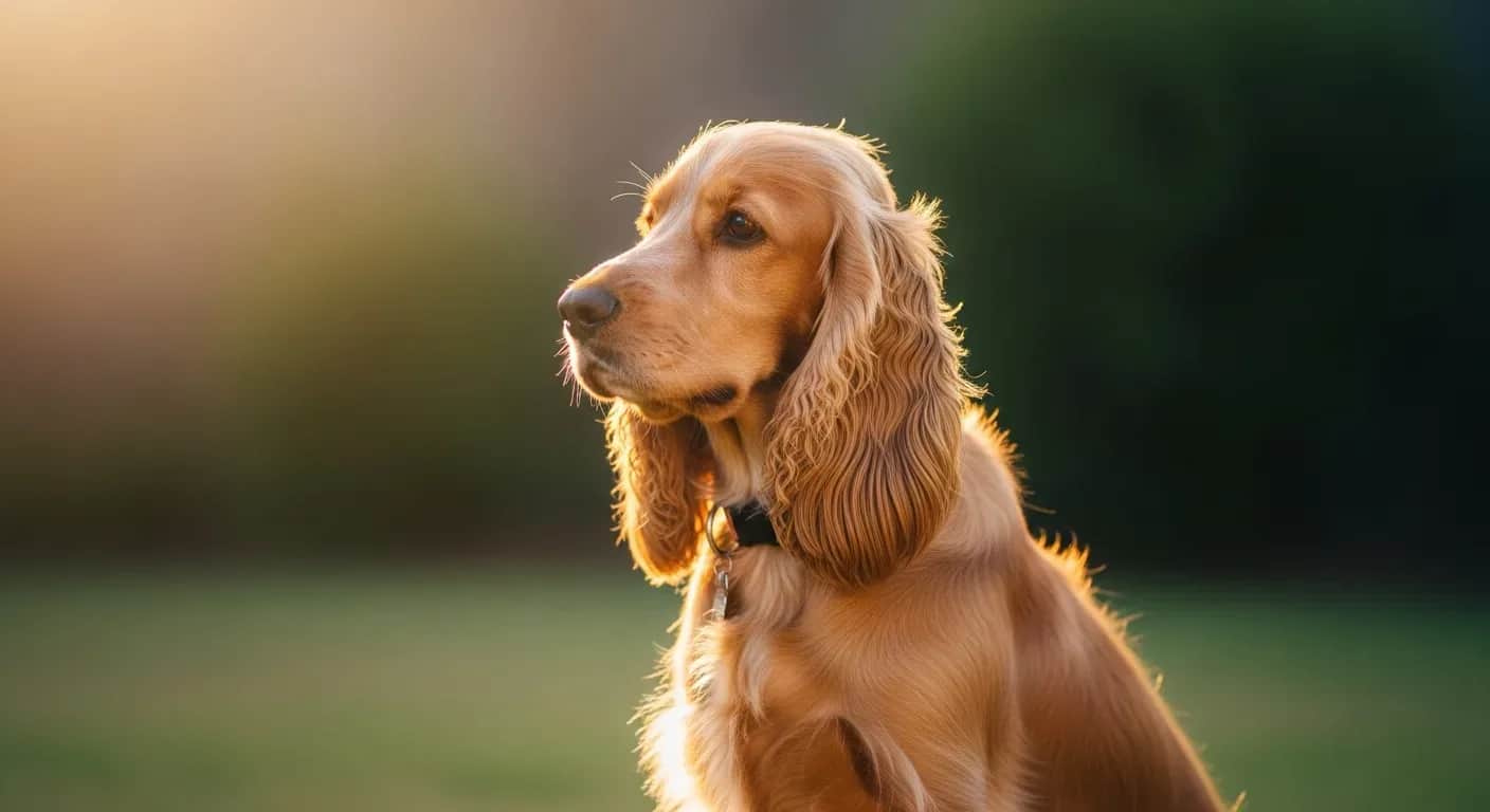 English Cocker Spaniel with golden coat sitting in sunny Australian backyard
