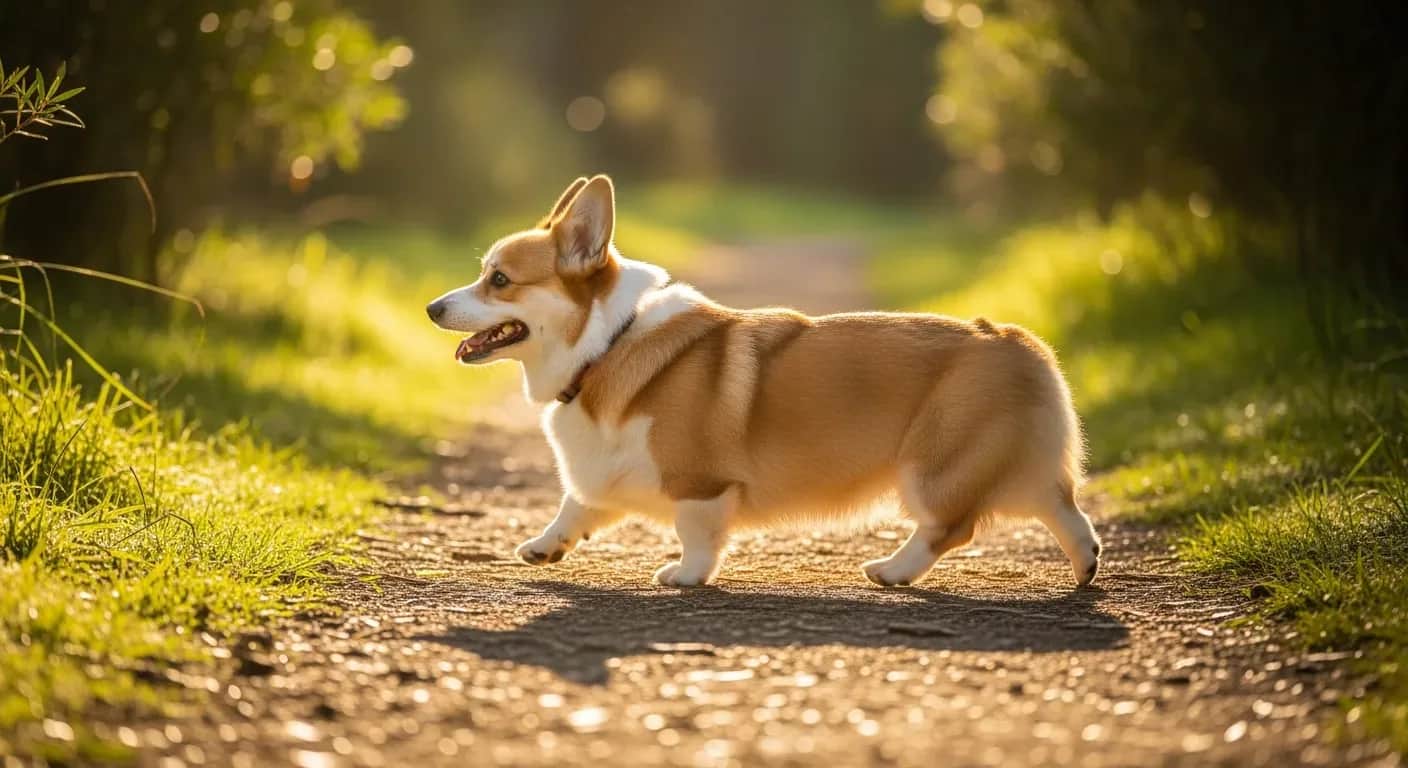 Pembroke Welsh Corgi trotting on a park path, showing energy and mobility