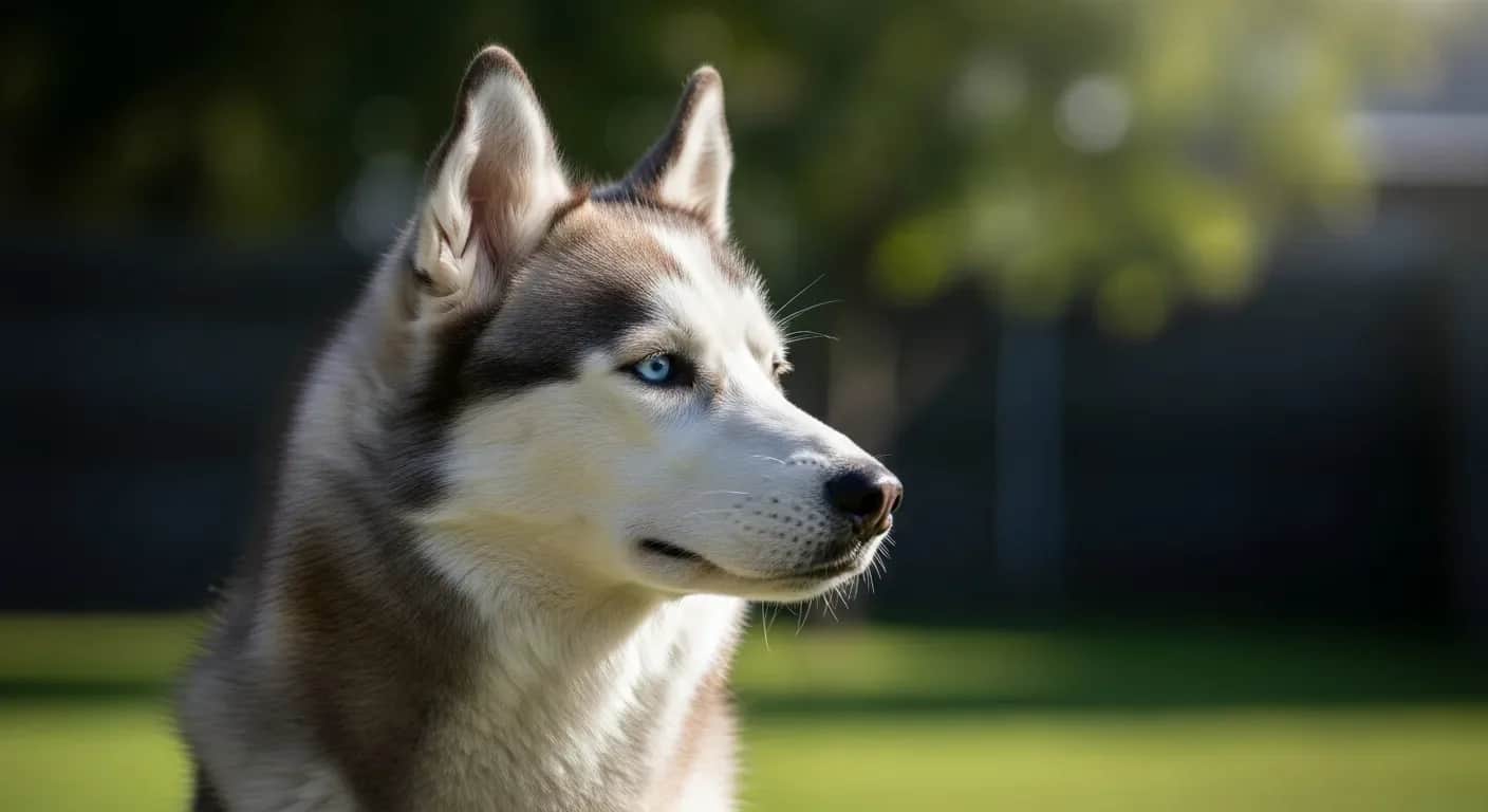 Siberian Husky with blue eyes sitting in an Australian backyard