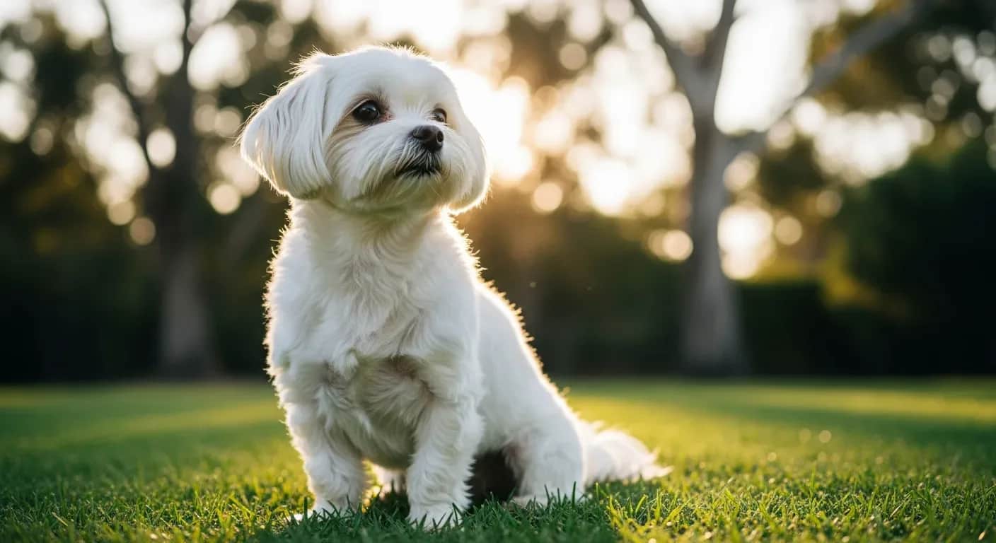 Healthy adult Maltese sitting alert in a sunny Australian backyard, illustrating mobility supported by joint supplements