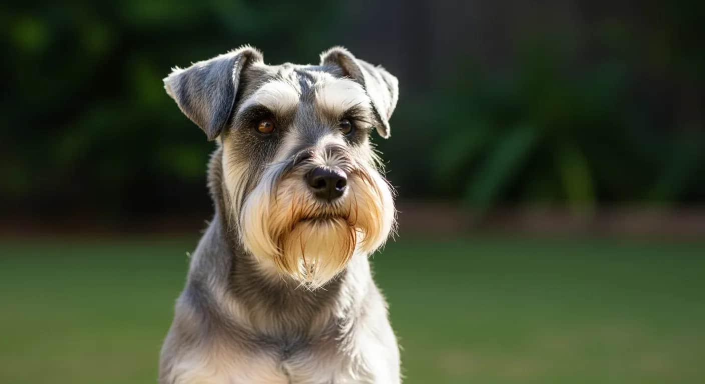 Miniature Schnauzer with salt-and-pepper coat sitting in a sunny Australian backyard garden, alert and healthy expression