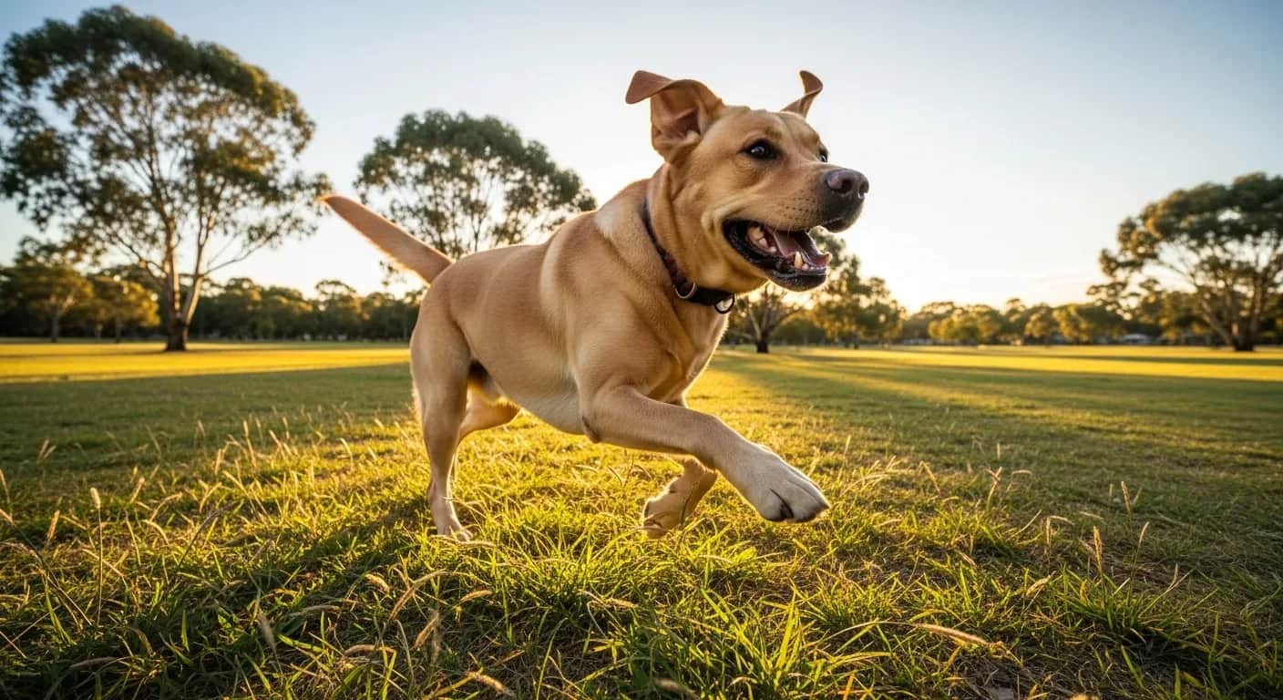 Large Labrador Retriever running through grassy Australian park in golden afternoon light