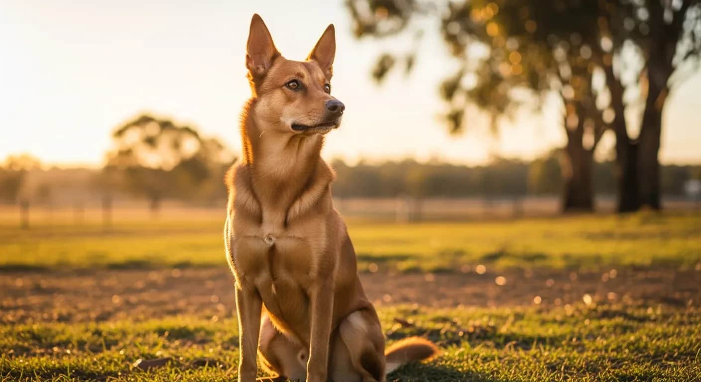 Australian Kelpie sitting alert on a grassy farm paddock, illustrating the breed health and vitality