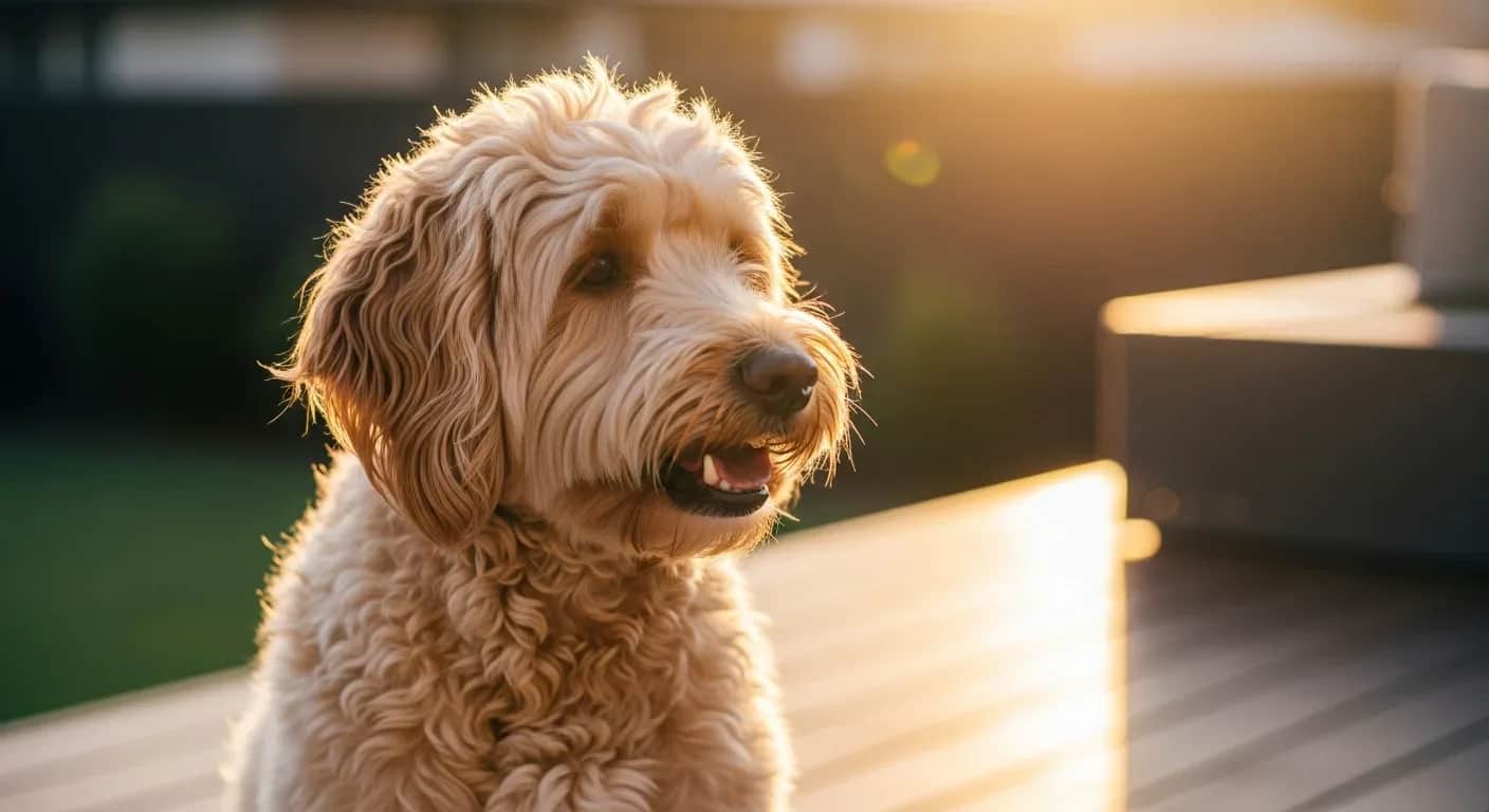 Fluffy golden Labradoodle on sunny Australian backyard deck showing healthy breed characteristics