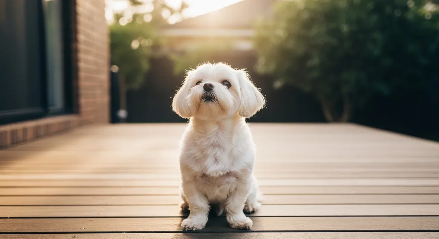 White Maltese dog sitting on sunny Australian deck with silky coat