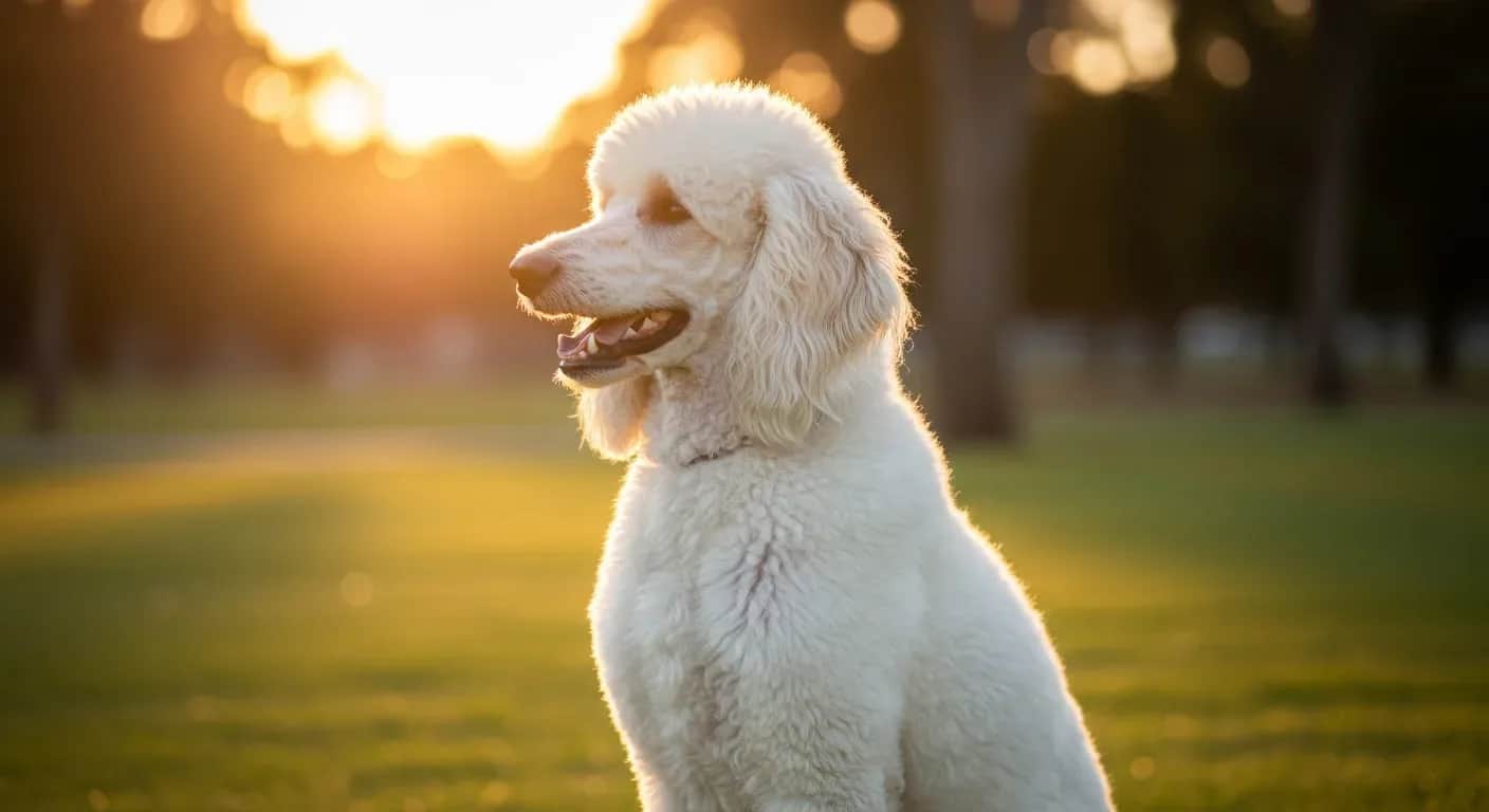 Healthy white Standard Poodle sitting on a sunny Australian park lawn, illustrating common poodle health problems