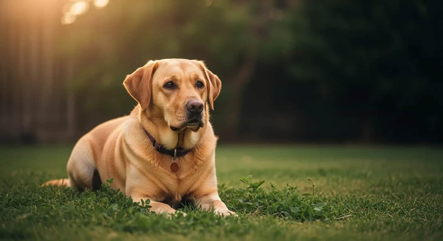 Healthy Labrador dog relaxing in Australian backyard representing gut health and daily probiotic support
