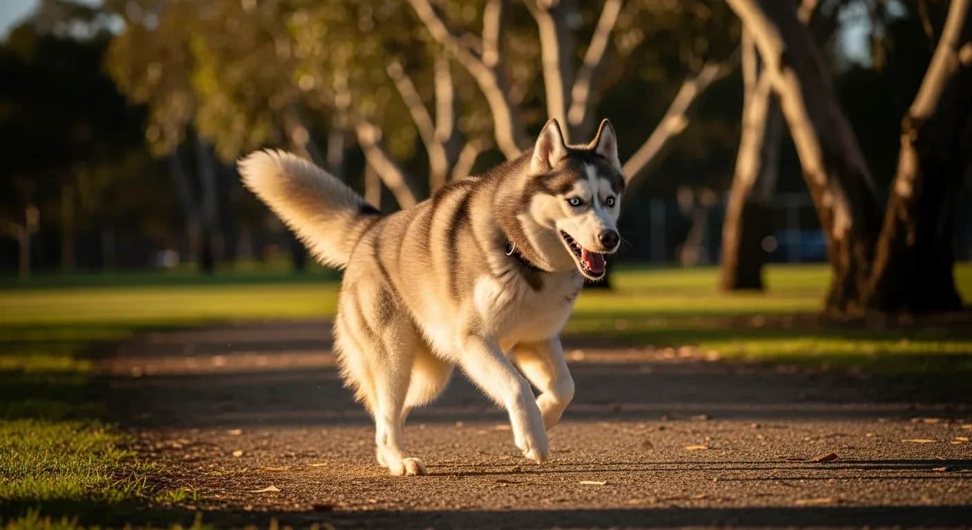 Siberian Husky running through an Australian park, showcasing the breed's athletic nature and need for joint support