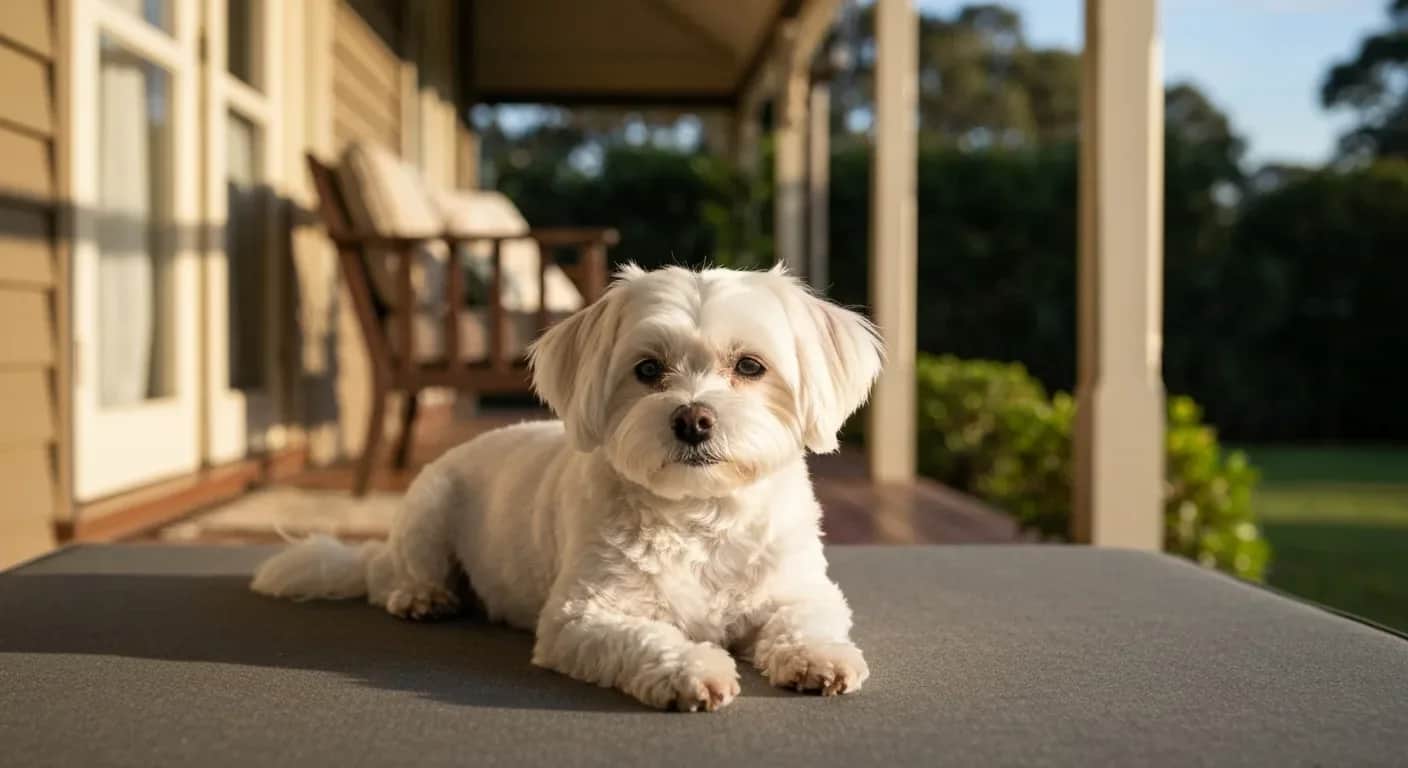 White Maltese dog sitting calmly on an Australian verandah, calming supplements for Maltese dogs