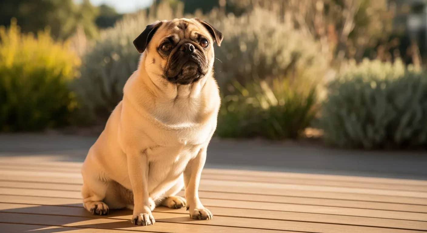 Pug sitting alert on a sunny Australian verandah, calm and curious expression illustrating daily calming routine