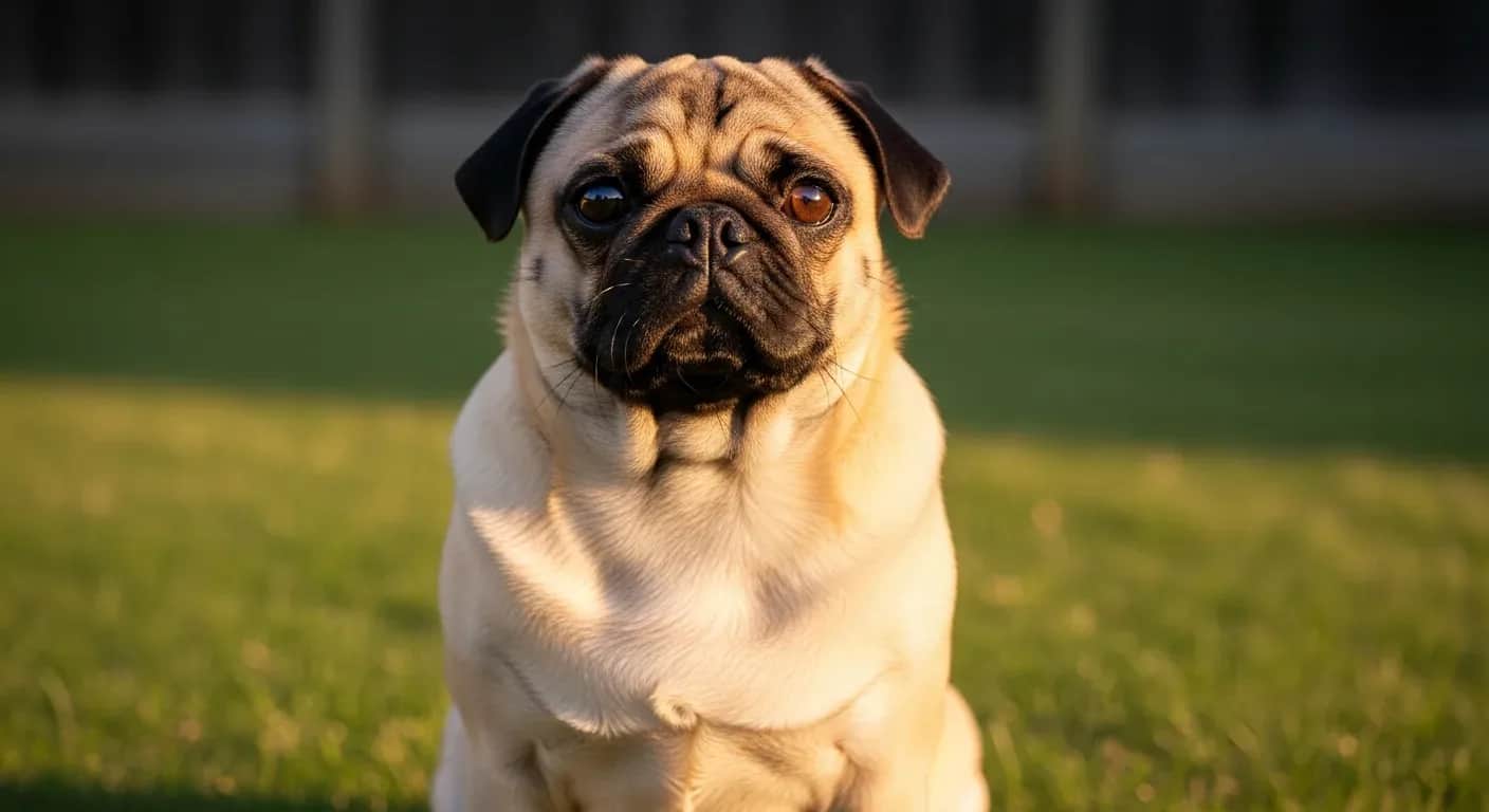 Healthy Pug sitting in a sunny Australian backyard, bright eyes showing typical pug features