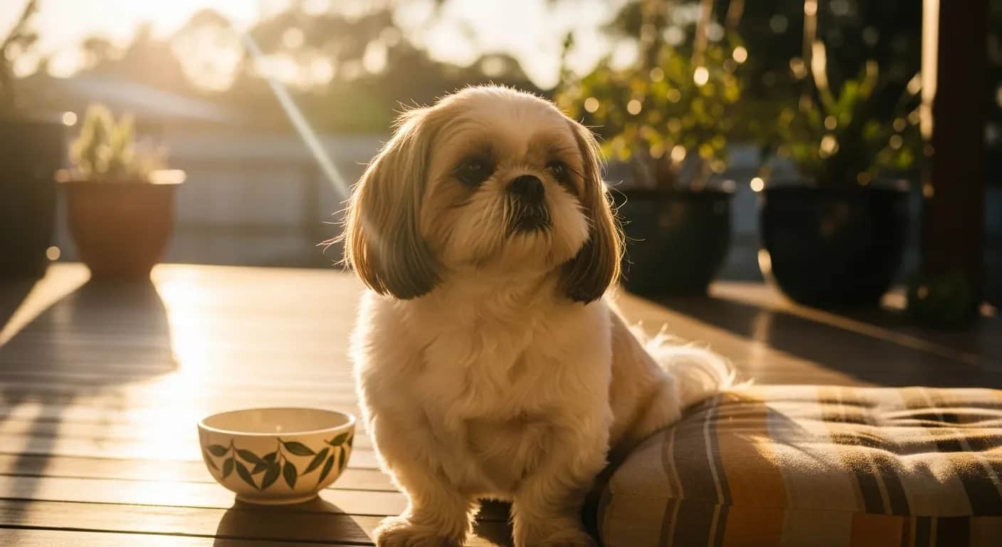 Shih Tzu dog sitting on an Australian verandah in golden afternoon light