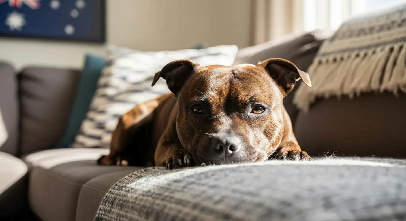 Staffordshire Bull Terrier resting calmly on a couch, illustrating the peaceful state calming supplements can support