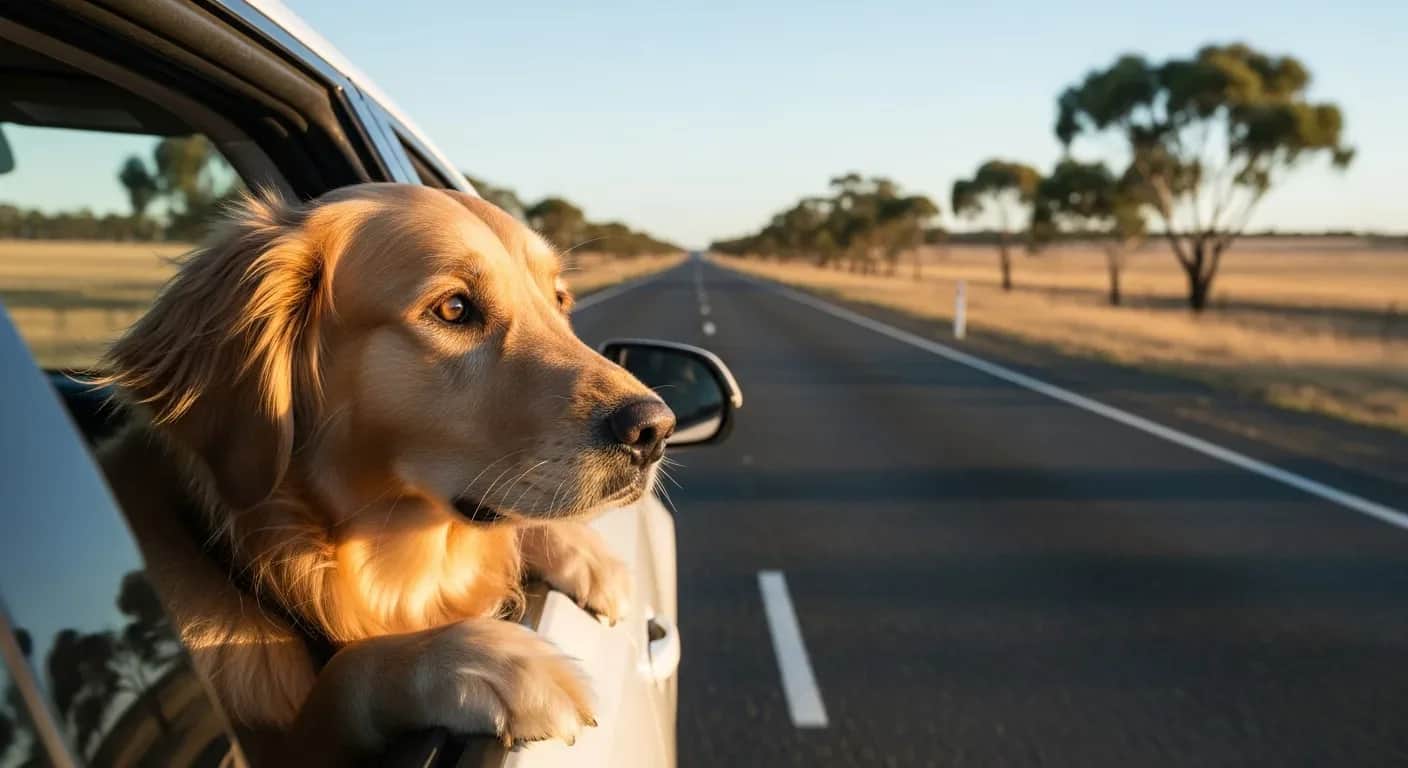 Anxious dog looking out car window on an Australian road trip