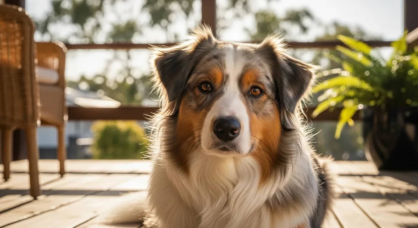 Australian Shepherd resting calmly on a verandah, illustrating daily calming support for anxious Aussies