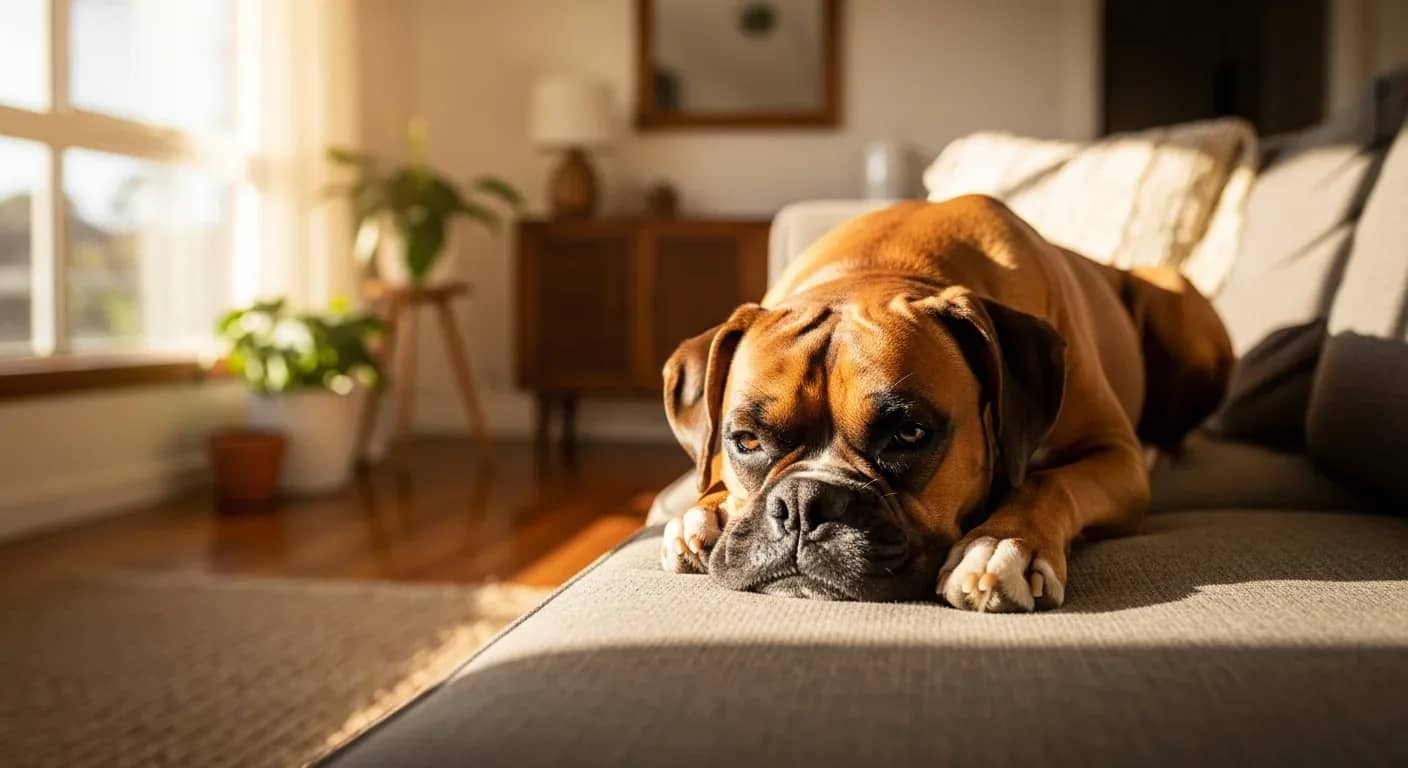 Boxer dog resting peacefully on a couch in a warm living room, illustrating calm settled behaviour calming supplements can support