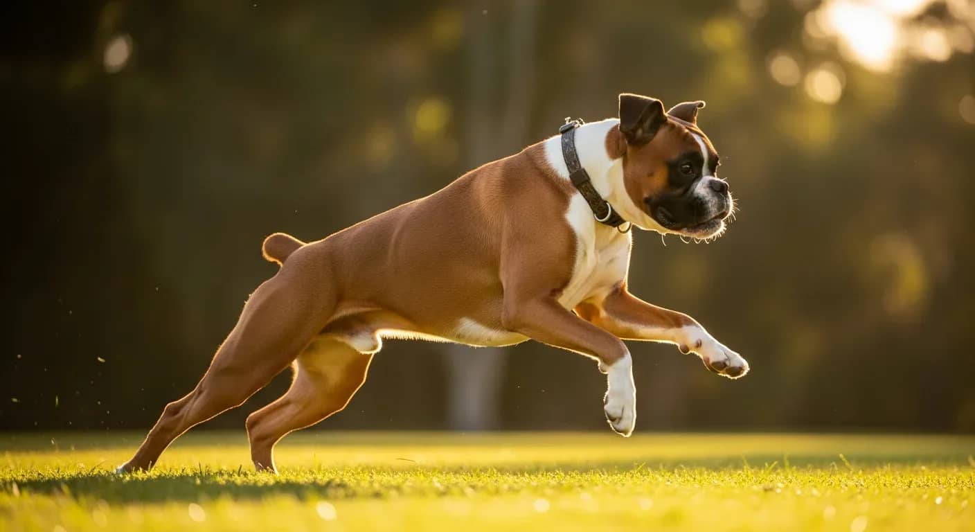 Boxer dog running at full speed in an Australian park, showcasing the breed energy and athleticism