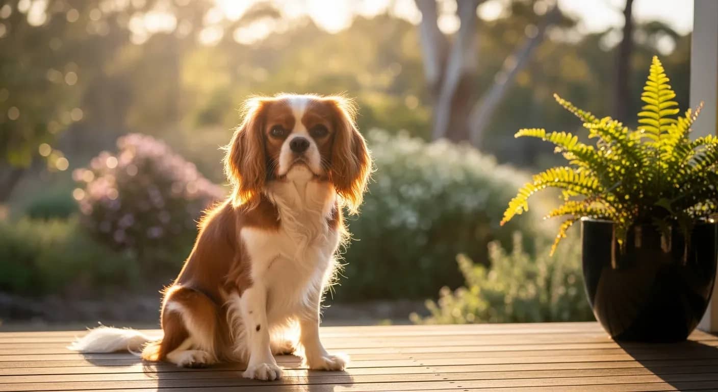 Cavalier King Charles Spaniel sitting on a sunny Australian verandah illustrating calm mobility that daily joint supplements can support