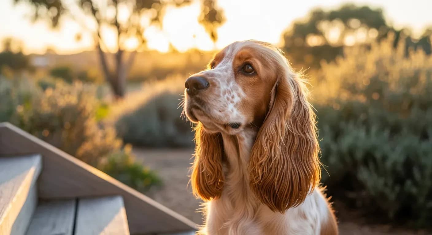 English Cocker Spaniel sitting calmly on a verandah, looking up with soft golden eyes, calming supplements for Cocker Spaniels