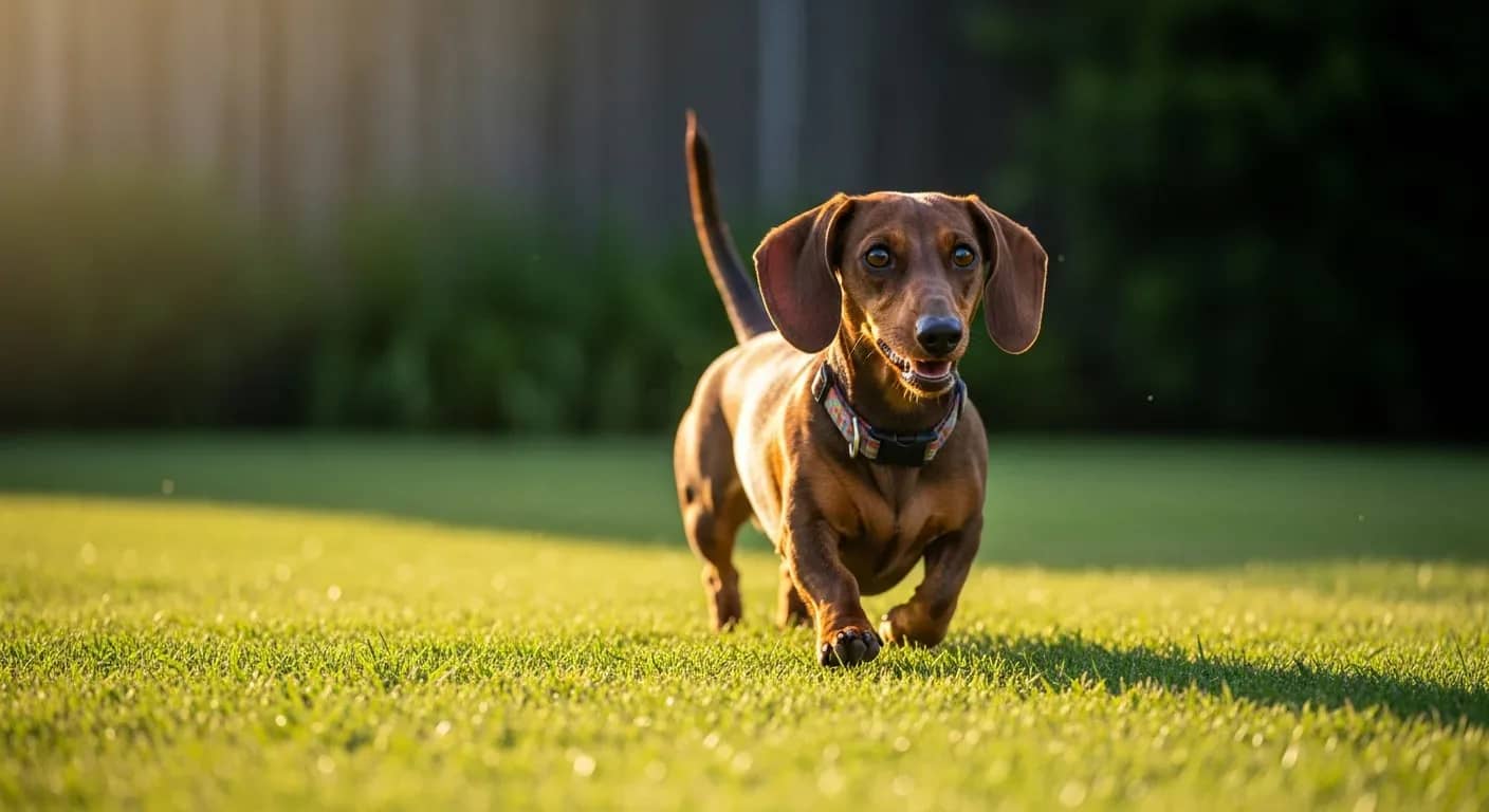Smooth-coat dachshund trotting across a sunny Australian backyard showing natural playful energy