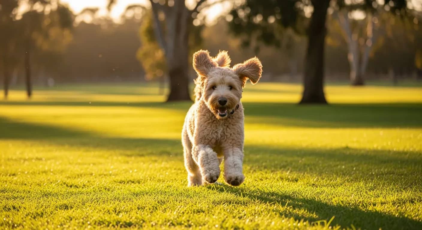 Groodle running joyfully in an Australian park showing the active lifestyle of a healthy groodle