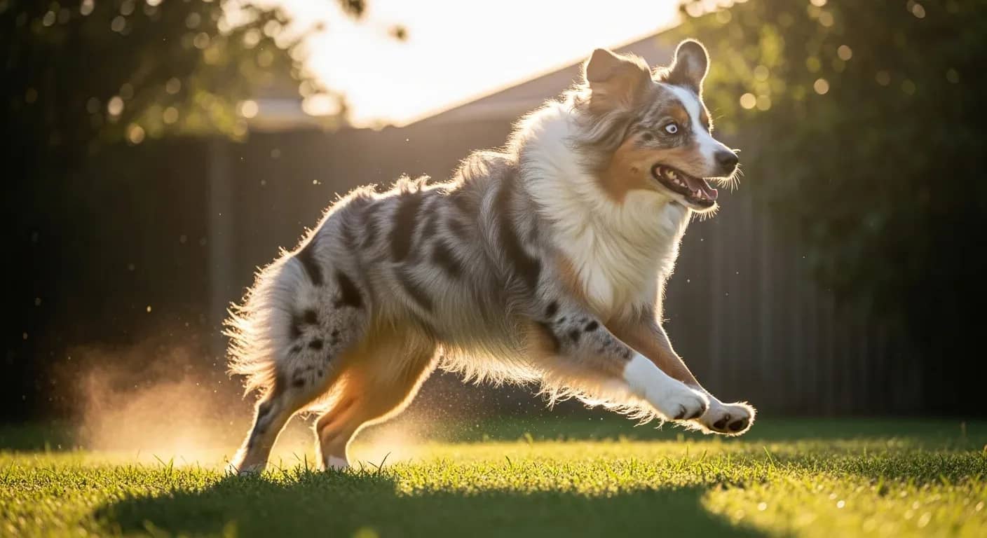 Blue merle Australian Shepherd mid-stride at golden hour, illustrating the high-impact movement that makes joint supplements important for the breed