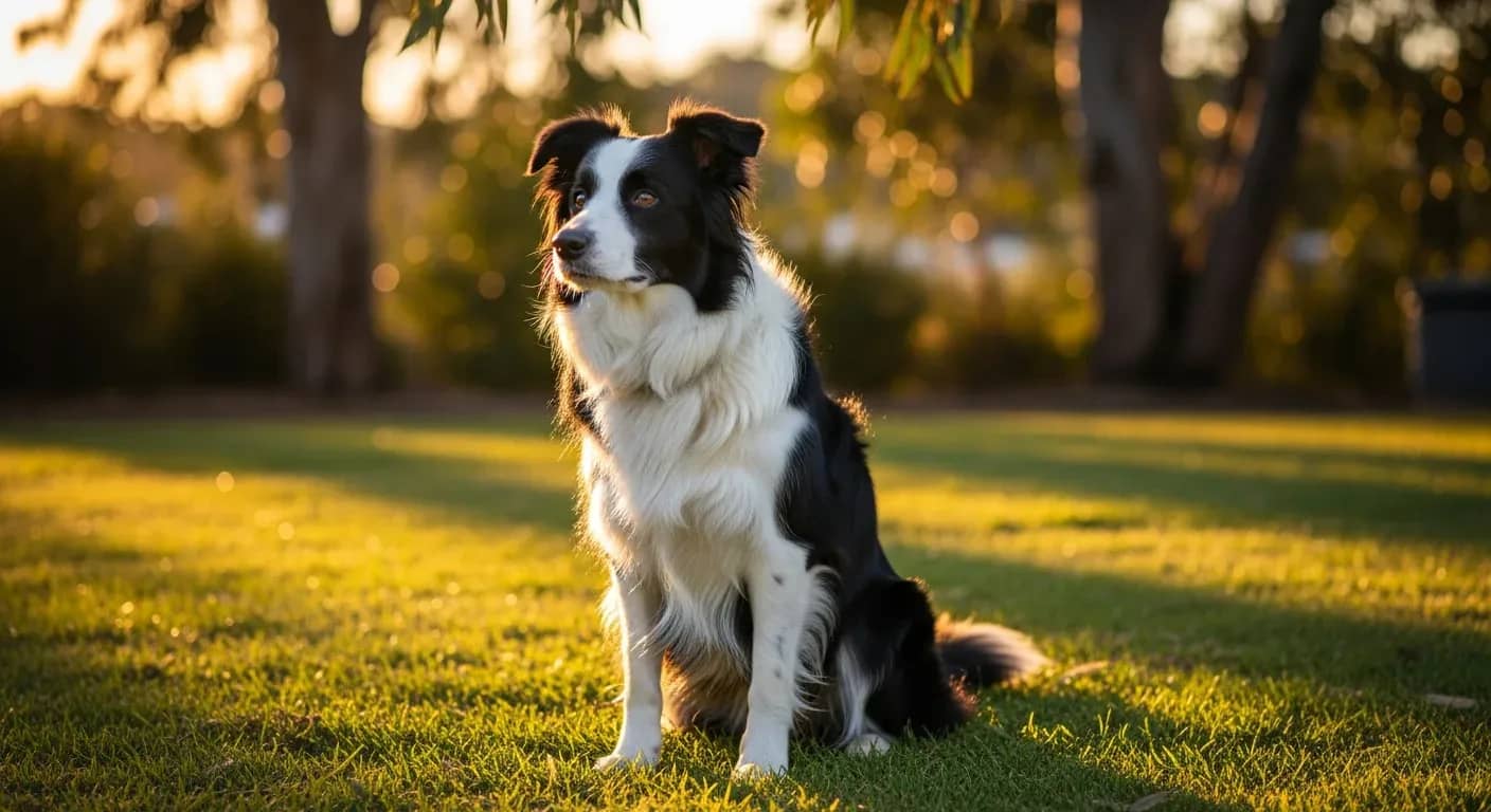 Border Collie sitting alertly in an Australian backyard, illustrating gut and digestive health for the breed
