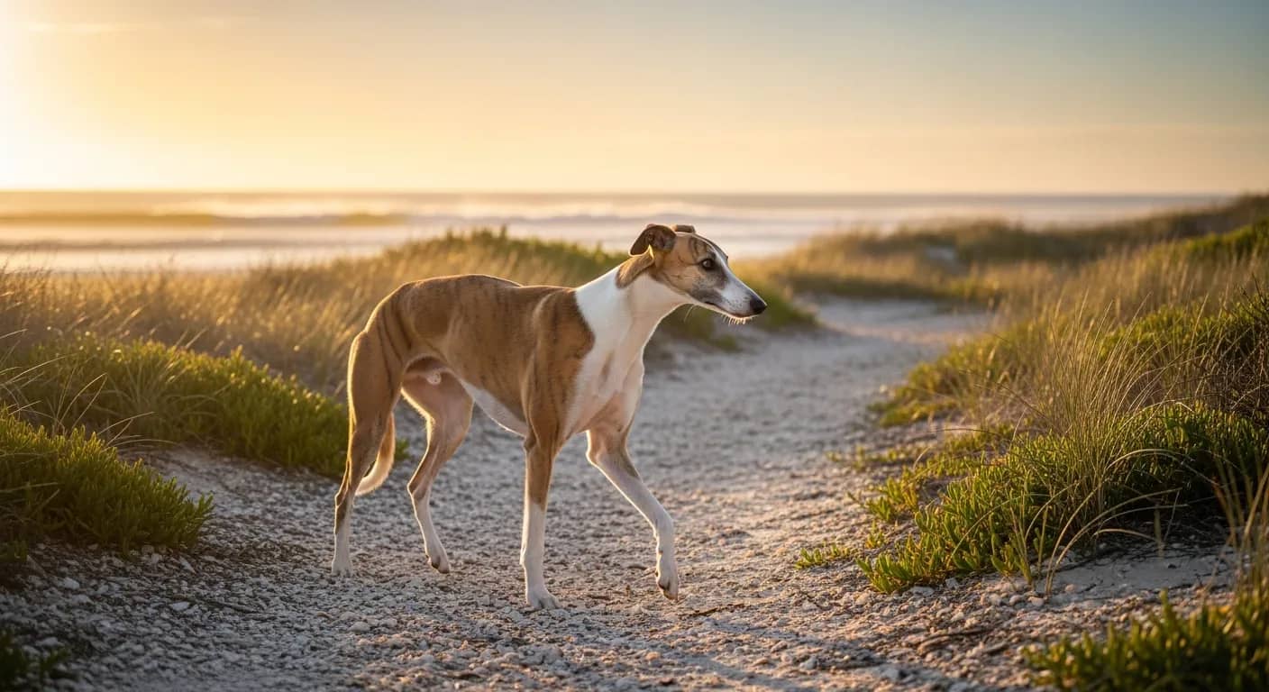 Australian Greyhound walking calmly on a sunlit coastal path, illustrating daily joint support for greyhounds in Australia