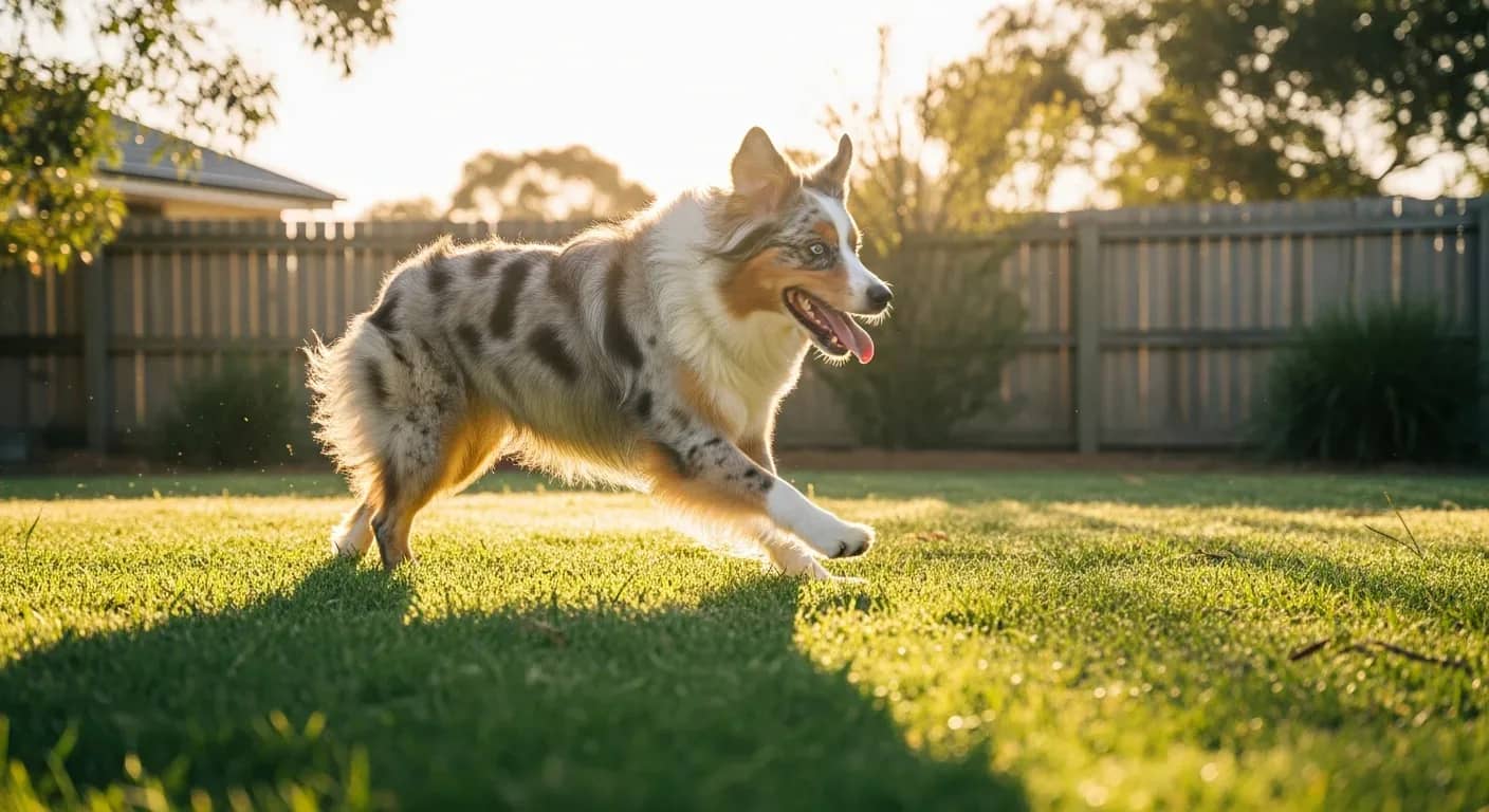 Australian Shepherd running through a sunny backyard, showing the breed energy that makes daily probiotic support important