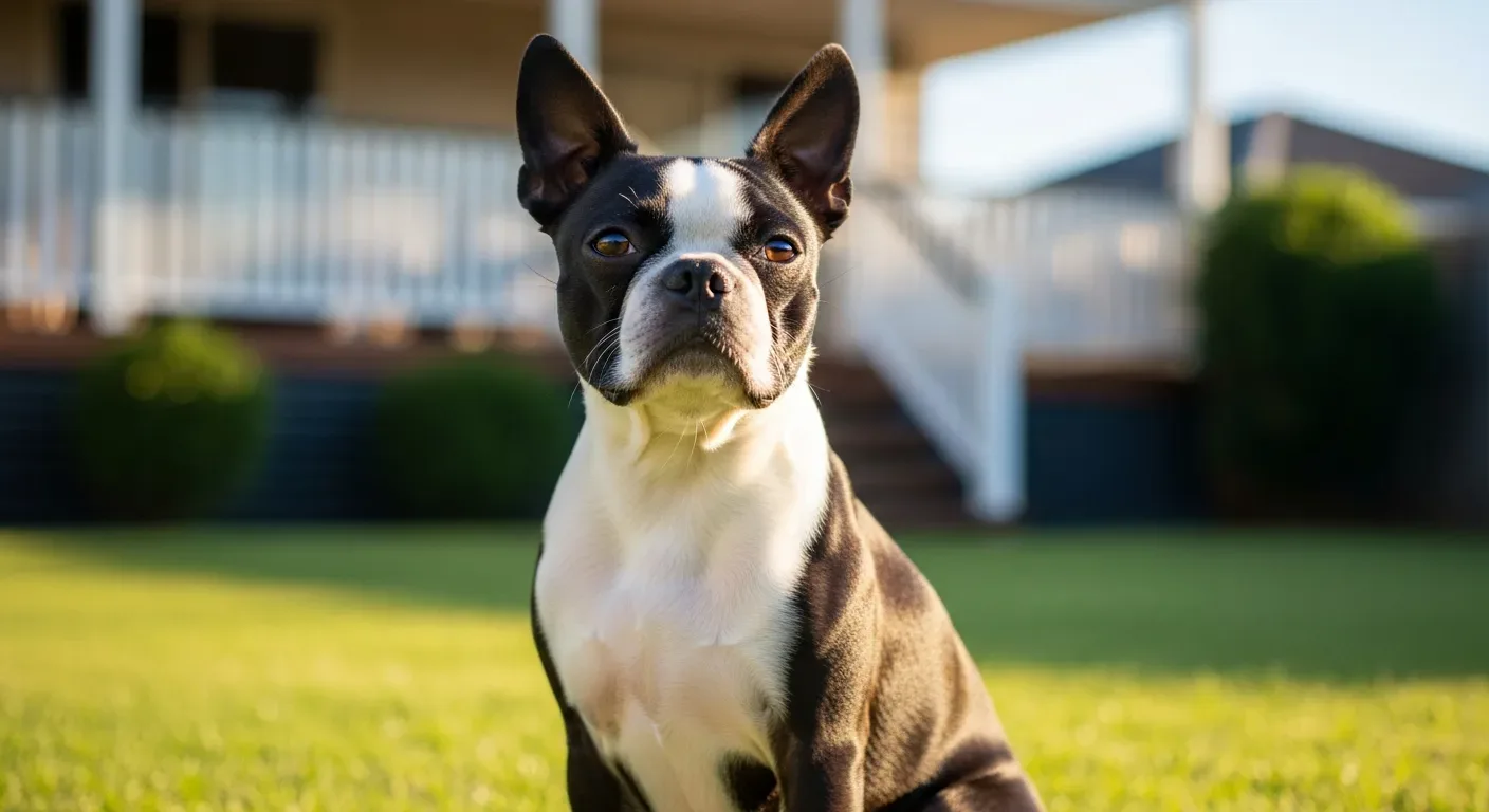Alert Boston Terrier sitting on a sunny Australian backyard lawn, an active breed that benefits from daily joint support
