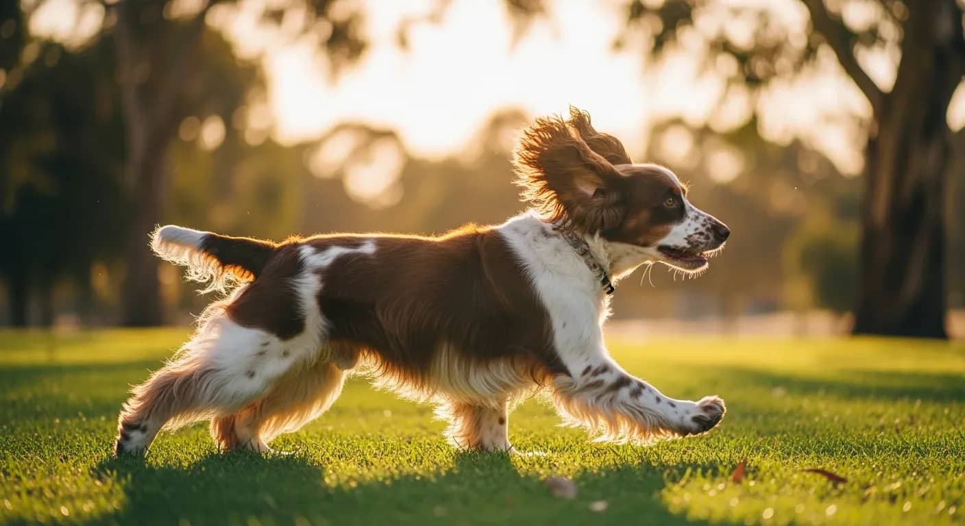 Adult Cocker Spaniel trotting across Australian park grass, illustrating healthy joint mobility
