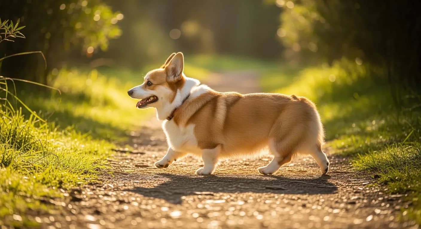 Pembroke Welsh Corgi trotting on a park path, showing energy and mobility